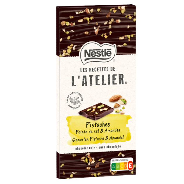 NESTLÉ LES RECETTES DE L'ATELIER Tablete Chocolate Preto com Pistácios e Amêndoas