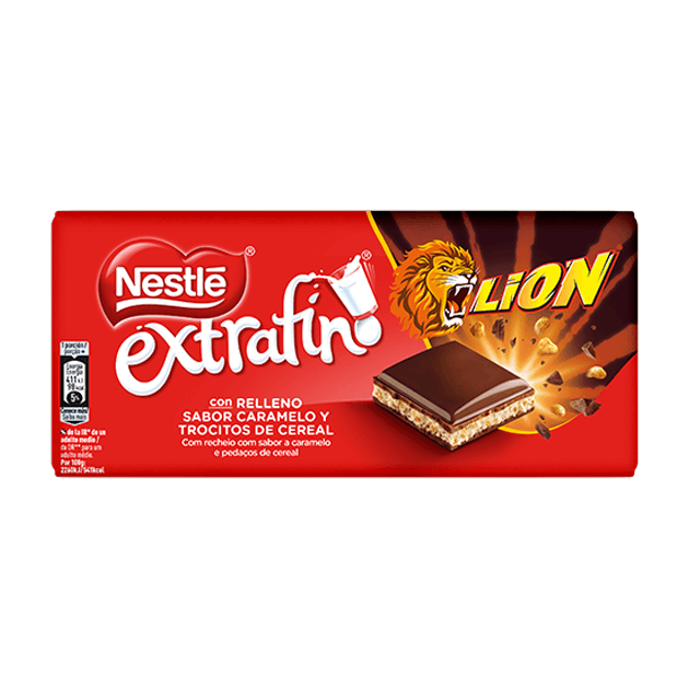 Tablete NESTLÉ EXTRAFINO LION Chocolate de Leite com sabor a caramelo e pedaços de cereal