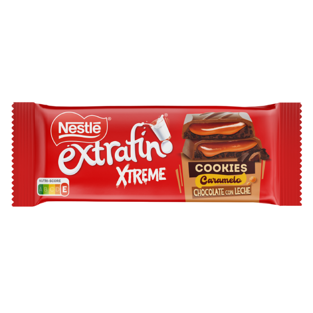  NESTLÉ EXTRAFINO XTREME Tablete Chocolate Leite com recheio de caramelo e bolacha de cacau