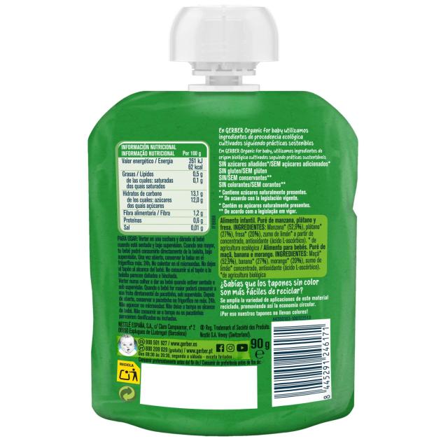 Com o compromisso de oferecer ingredientes de origem biológica, desenvolvemos Fruta para Bebé GERBER Organic Morango Banana, elaborado com puré de maçã, banana e morango, 100% de origem biológica. 